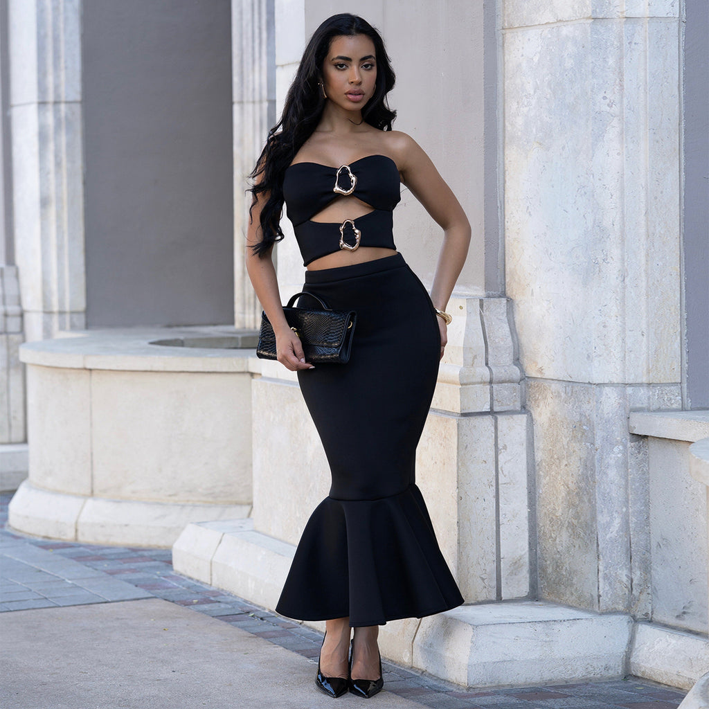 Fashion Women's Sexy Strapless Top with Lace Trim Bodycon Skirt Set