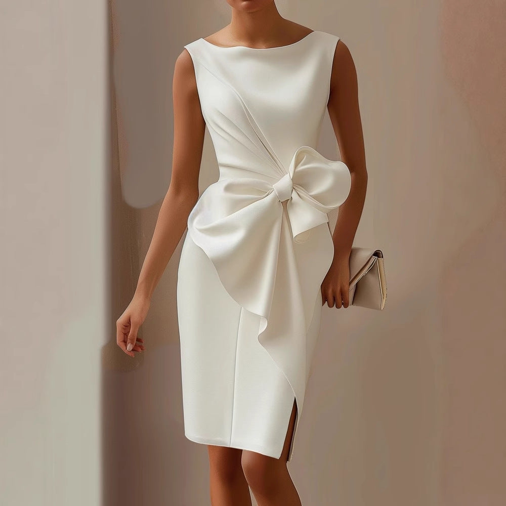 Elegant Butterfly Knot DressShort SleeveOne Shoulder Design A-Line SilhouetteWomen's Dress