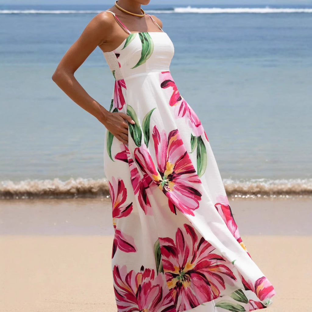 Bohemian Print Large Flower Pocket Maxi Dress with Straps for Vacation