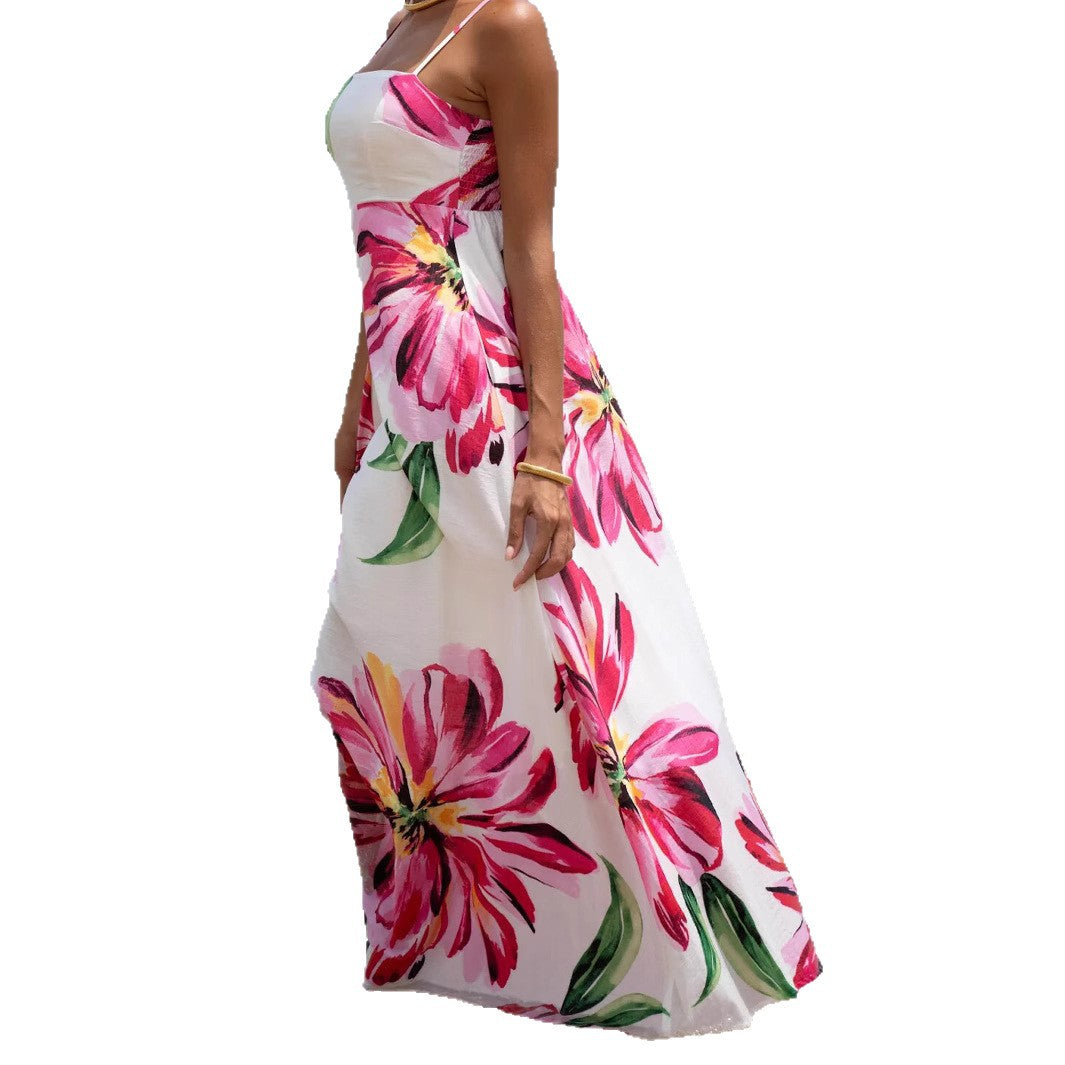 Bohemian Print Large Flower Pocket Maxi Dress with Straps for Vacation