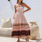 Fashionable Summer Sleeveless Printed Midi Dress with Adjustable Straps, Pocket Detail, and Patterned Design