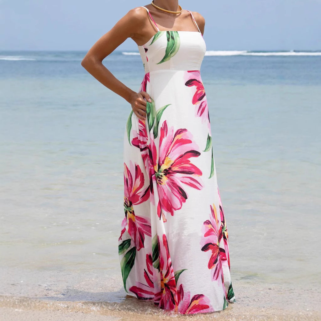Bohemian Print Large Flower Pocket Maxi Dress with Straps for Vacation