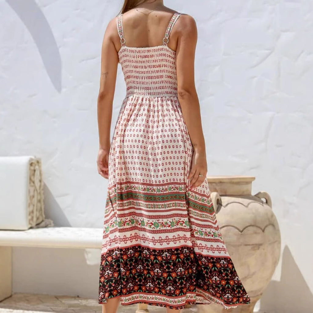 Fashionable Summer Sleeveless Printed Midi Dress with Adjustable Straps, Pocket Detail, and Patterned Design
