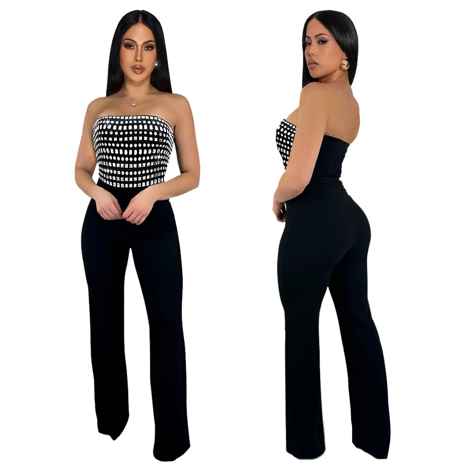 بذلة صيفية بتصميم حجر الراين، ملابس داخلية مثيرة بدون حمالات، بنطلون نسائي طويل بتصميم فريد بلون سادة بقصة مستقيمة