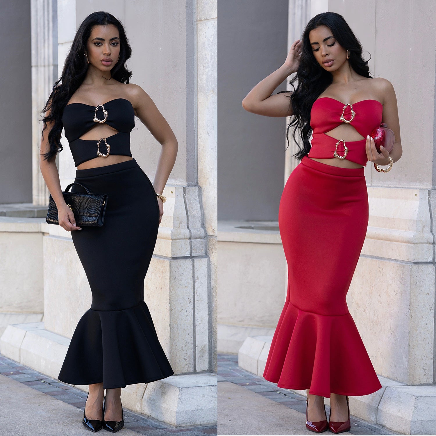 طقم تنورة ضيقة نسائي مثير بدون حمالات مع دانتيل
